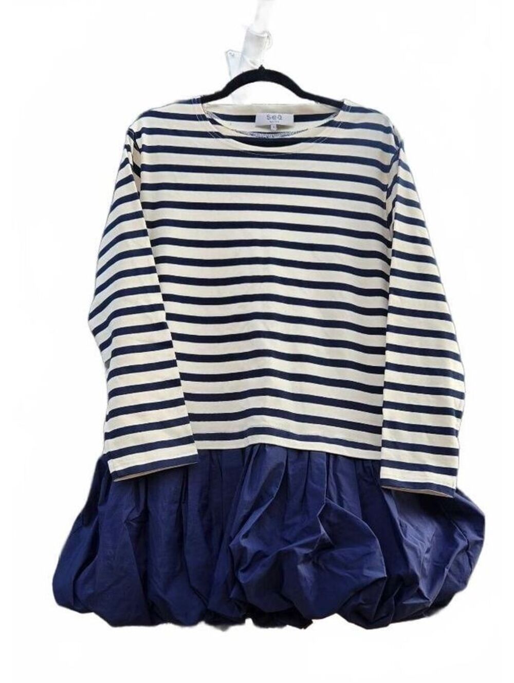 Sea New York Navy Cream Striped Bubble Hem Long Sleeve Midi Dress Size Small